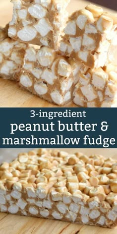 three ingredient peanut butter and marshmallow fudge bars on a wooden cutting board