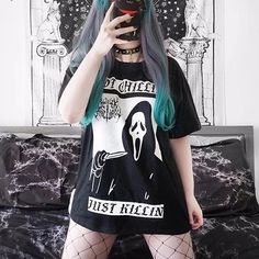 Black Halloween Gothic Print Loose Shirt Aesthetic Grunge Black, Edgy Grunge Style, Dark Punk, Halloween Clothes, Gothic Tops, Punk Design, Punk T Shirt, Halloween Gothic, Loose Shirt