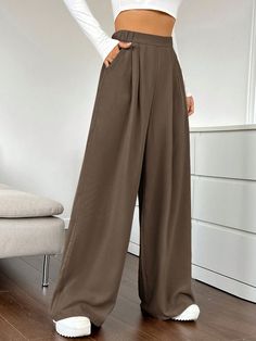 Ladies' Solid Color Pleated Wide Leg Pants Maroon Casual   Woven Fabric Plain Wide Leg Non-Stretch  Women Clothing, size features are:Bust: ,Length: ,Sleeve Length: Wide Leg Plain Pants For Fall, Fall Plain Wide Leg Pants, Slim Fit Top, Dark Jeans, Kids Sleepwear, Wide Leg Jeans, Wide Leg Pants, All Fashion, Womens Bottoms