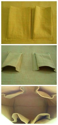 three images show the inside of a bag and how it is folded up to look like an open book