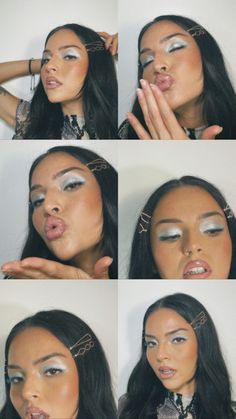 Cute Makeup Aesthetic Elegant 2000s Silver Makeup, Y2k Makeup And Hair, Y2k Beauty Editorial, 90s Silver Makeup, Y2k Silver Makeup, 2000s Eyeshadow Looks, Simple Club Makeup, Frosty Makeup 90s, Y2k Silver Outfits