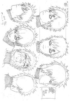 an anime character's face is shown in this drawing, which includes four different faces and