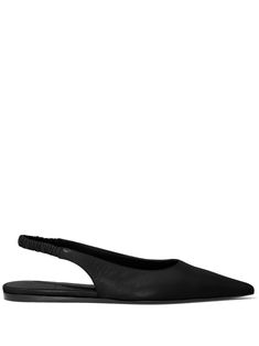 black calf leather smooth grain pointed toe slip-on style slingback strap branded leather insole flat rubber sole Sleek Leather Slingback Pumps With Almond Toe, Leather Pointed Toe Flats With Heel Strap For Evening, Chic Pointed Toe Flats In Calf Leather, Sleek Calf Leather Slingback Pumps, Elegant Leather Slingback Flats, Classic Flat Heel Calf Leather Slingback Pumps, Classic Calf Leather Slingback Pumps With Flat Heel, Elegant Slingback Flats With Leather Sole, Elegant Leather Sole Slingback Flats