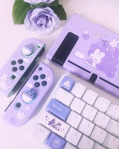 an image of a keyboard and mouse on a table with flowers in the background,