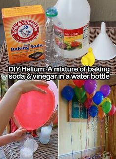 the collage shows how to make homemade baking soda and vinegar in a water bottle