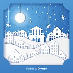 a paper cut christmas scene with houses and stars in the sky, on a blue background