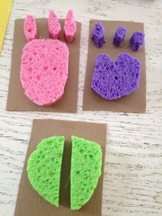 three pieces of bread with different colored designs on them