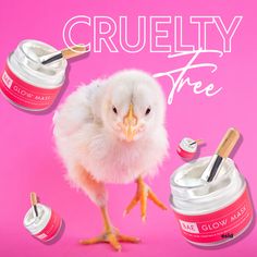 a small chicken standing next to some creams on a pink background with the words cruelly three above it