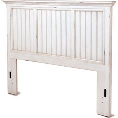 a white headboard with wooden slats on the top and bottom panel, against a white background