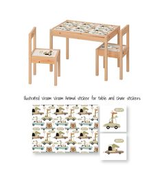 the children's table and chair are made out of wood with different designs on them