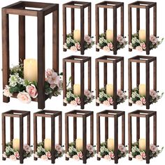 a set of eight wooden candle holders with flowers and candles