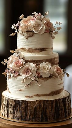 a three tiered wedding cake with white frosting and pink flowers