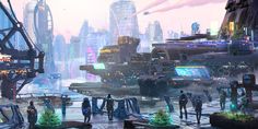 a futuristic city with lots of people standing in front of it and looking at something