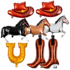 three horse balloons and two cowboy boots