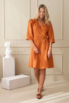 Burnt Orange Linen Dress, Wrap Dress, Natural 100 Linen, Summer Dress, Midi Dress Linen, Sustainable Clothing, Midi Dress - Etsy Orange Beach Dress With Buttons, Orange V-neck Dress With Buttons, Orange Knee-length Dress For Work, Orange Buttoned Dresses For Fall, Orange Fall Dresses With Buttons, Orange A-line Dress For Work, Fall Orange Buttoned Dresses, Orange Short Sleeve Dress For Daywear, Orange Knee-length Midi Dress For Daywear