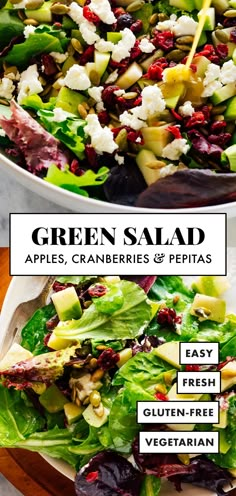 green salad with apples, cranberries and pepitas in a white bowl