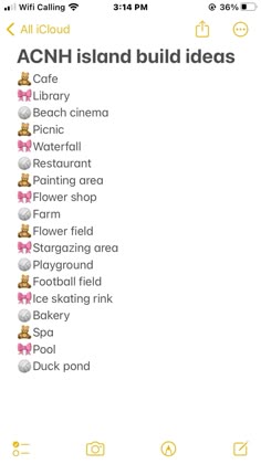 an iphone screenshot with the words acn island build ideas on it and other icons