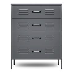 a gray dresser with four drawers on it