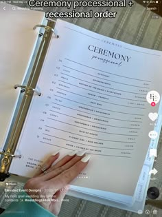 a person is holding up a wedding order book with the words ceremony professional order written on it