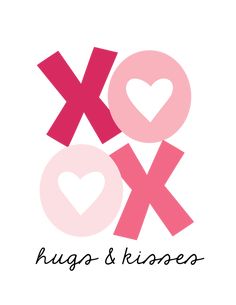 the word hugs and kisses written in pink on a white background with two heart shapes