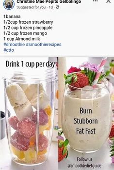 two pictures one with strawberries and the other with ice cream in a blender