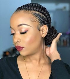 Cornrows With Low Bun, Cornrow Ideas Short Hair, Cornrows In A Bun Updo, Braided Cornrow Bun Hairstyles, Cornrow Low Bun Black Women, Ghana Cornrow Hairstyles, Cornrows With A Bun, Black Hair Cornrow Styles, Corn Roll Styles For Natural Hair