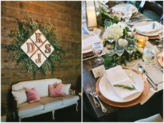 two pictures of a table setting with flowers and napkins on it, one is decorated with greenery and the other has place settings