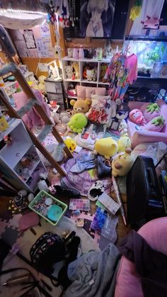 a messy room with stuffed animals and other items on the floor next to a ladder