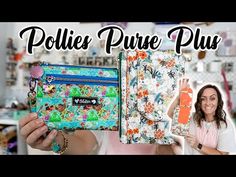 a woman holding up a purse with the words polies pure plus on it in front of her