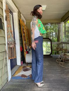 "How about a pizza dat a$$?? With these rare vintage indigo denim pizza pants! Big embroidered back pocket, straight leg fit, dark dark wash. In excellent condition with snap button and zipper closure. Waist: 26\" Hips: 33\" max, best for 32\" Rise: 11\" Inseam: 30\" Model is 5'7\" and 116 lbs with measurements of 30x24x34. These were slightly small in the hips." Mia Sara, Black Denim Vest, Indigo Jeans, Indigo Denim, Vintage Indigo, Black High Waist, A Pizza, Womens Jeans, Leather Vest