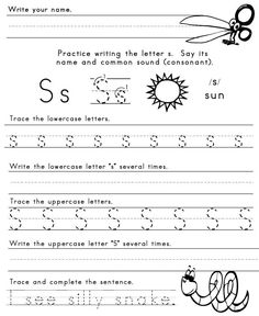 the letter s worksheet for children to practice their handwriting and writing with pictures