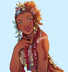 a drawing of a woman with braids and flowers in her hair, wearing an elaborate headdress