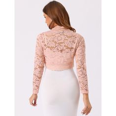 It's designed with floral lace and an open front for a comfortable fit. Crafted from soft and knit fabric, this lace cardigan features feminine full sleeves, and a scalloped hem, and is perfectly covered up with sleeveless dresses for a wedding look. A must-have item in your clothing wardrobe, the lace bolero has long sleeves, and semi-sheer lace, and is finished with a cropped length and could be stretchy a bit. Spring Lace Shrug With Lace Sleeves, Fitted Lace Open Front Cardigan, Fitted Lace Cardigan With Open Front, Lace Patchwork Cardigan, Long Sleeve Lace Cardigan With Lace Trim, Long Sleeve Lace Trim Cardigan, Long Sleeve Lace Cardigan With Lace Patchwork, Fitted Lace Cardigan With Crochet Lace, Fitted Lace Cardigan With Crochet Details