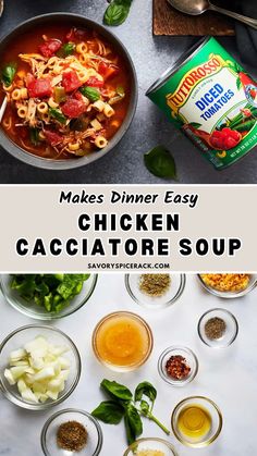 the ingredients for chicken cacciator soup are shown in bowls and on top of each other