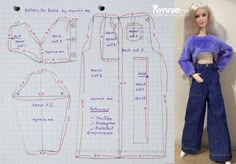 an image of a barbie doll next to a paper pattern for a top and pants