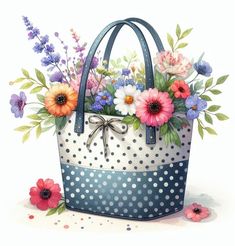 a blue and white polka dot purse with flowers on the inside, painted in watercolor