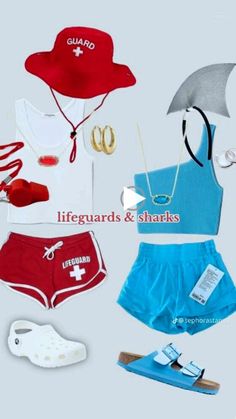 the lifeguard's and sharks swimsuits are laid out on top of each other