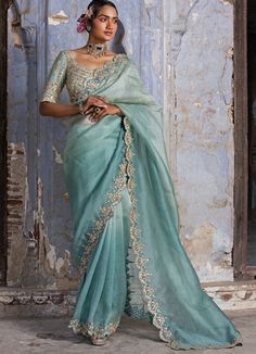 Buy Jade Green Ombre Organza Saree Set by Nitika Gujral at Fabilicious Fashion! Shop made-to-measure Indian wedding wear and jewellery with fast shipping to USA, UK, and Canada. Ombre Saree, Organza Sari, Zari Saree, Saree Blouses Online, Full Sleeve Blouse, Organza Blouse, Bridal Lehenga Red, Indian Wedding Wear, Green Saree