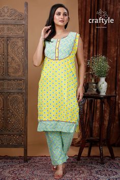 Embrace elegance with our Designer Cotton Kurti paired with Straight Pant! Crafted from premium cotton, the kurti flaunts intricate designs while the straight pant offers a sleek, modern touch. Versatile and stylish, this ensemble is perfect for any occasion. Sleeve Length : Sleeveless (3/4 Sleeves are attached as option) Design : Straight Kurti-Pant Set Fabric : 100% Pure Cotton Wash : Dry Clean Get this exclusive cotton designer kurti online at Craftyle - The best store for online shopping. Yellow Cotton Palazzo Set With Printed Motifs, Sleeveless Cotton Sets With Printed Motifs, Yellow Cotton Palazzo Set For Navratri, Navratri Yellow Cotton Palazzo Set, Sleeveless Cotton Sets For Navratri, Sleeveless Cotton Kurta For Diwali, Festive Cotton Kurta With Straight Pants, Yellow Block Print Mulmul Sets, Cotton Pant Set With Printed Motifs And Straight Kurta