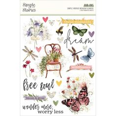 a sheet of stickers with flowers and butterflies on it, including an image of a chair