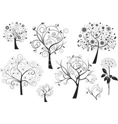 four trees with swirly branches and flowers in the shape of hearts, on a white background