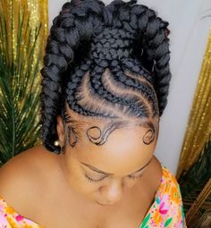 50 superbes tresses et coiffures africaines pour 2024 - Sante Peau Noir Braided Hairstyles With Swoop, Jumbo Cornrows Braids For Black Women, Up Do Braids For Black Hair, Updo Braids For Black Hair High Bun, Braided Updo For Black Women, Braided Updo Black Hair, Big Cornrows, Goddess Braids Updo, Two Buns Hairstyle