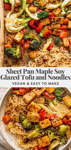 sheet pan maple soy glazed tofu and noodles with veggies on the side