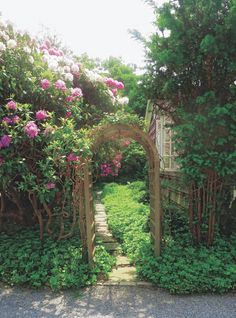 an arch in the middle of a garden with flowers growing all around it and steps leading up to it