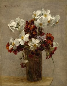 a painting of white and red flowers in a vase