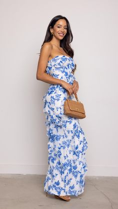 Product Details : Maxi Dress White and blue Florals Ruffles Lace Model is wearing a size small 82190 C5-2 Blue And White Dresses, Blue And White Floral Dress, Senior Outfits, White Dress Top, Maxi Dress White, Jumpsuit And Blazer, Blue Maxi Dress, Blue Florals, Blue And White Dress