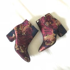 These Gorgeous Flower Satin Style Boots Will Make Any Outfit Pop! Multi Colored, Red, Blue, Gold, Rust, Black. Boot Is A 4” Ankle Height. Heel Is 3”. Zippers On The Inside For Easy On! Excellent Condition, Never Worn Out. Red Floral Print Heels With Round Toe, Party Boots With Floral Print And Pointed Toe, Fall Floral Print High Heels, Satin Style, Style Boots, Franco Sarto Shoes, Franco Sarto, Blue Gold, Multi Colored