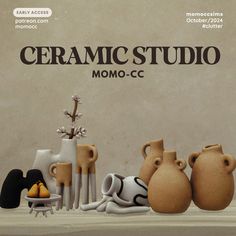 an advertisement for ceramic studio with vases and other items in front of the ad