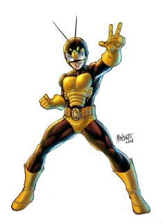 a drawing of a man in yellow and black costume with one hand up to the side