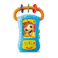 a blue and orange toy phone with a monkey on it